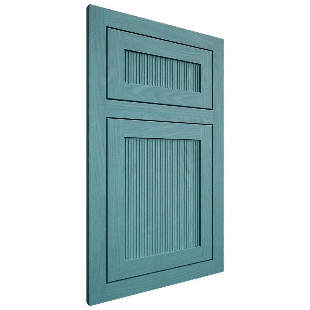 Shiloh Cabinetry Flush Inset Reeded Malibu Red Oak Plain Cut Aqua Door