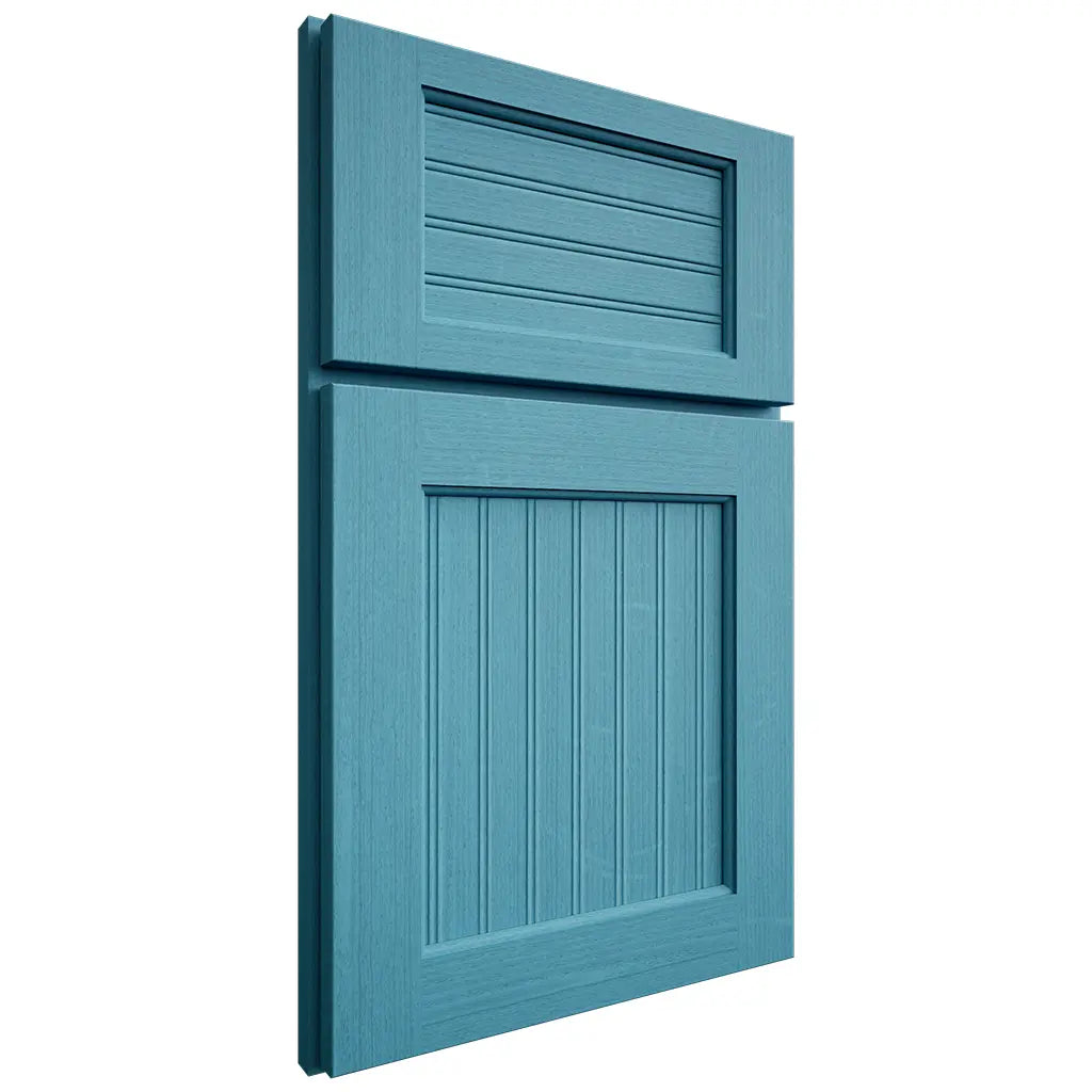 Shiloh Cabinetry Full Overlay Beaded Century White Oak Quarter Sawn Aqua Door
