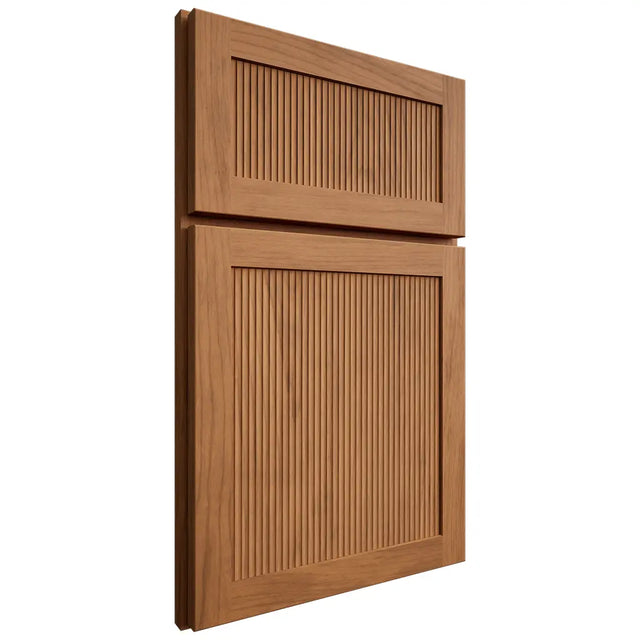 Shiloh Cabinetry Full Overlay Reeded Malibu Alder Plain Cut Caramel Door