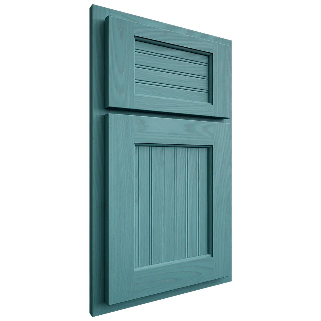 Shiloh Cabinetry Partial Overlay Beaded Century Red Oak Plain Cut Aqua Door