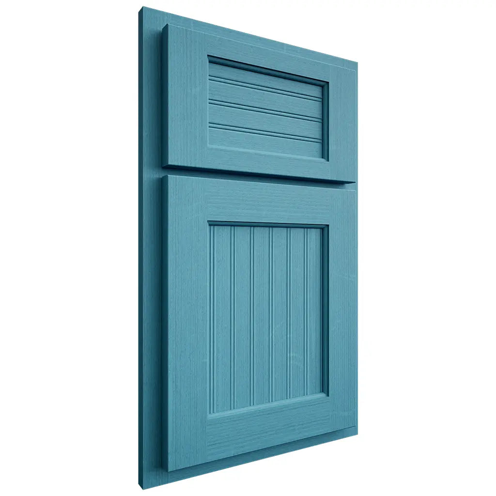 Shiloh Cabinetry Partial Overlay Beaded Century White Oak Quarter Sawn Aqua Door