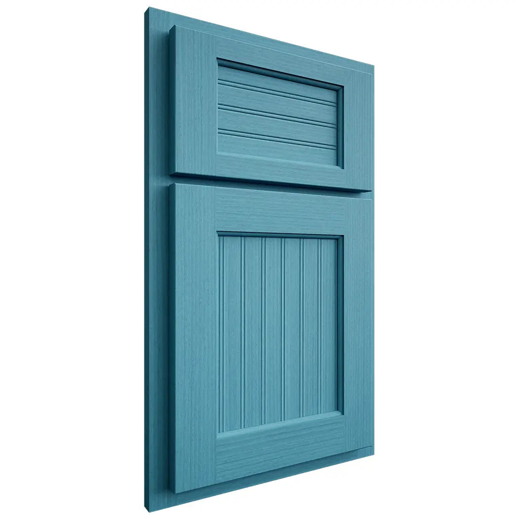 Shiloh Cabinetry Partial Overlay Beaded Century White Oak Rift Cut Aqua Door