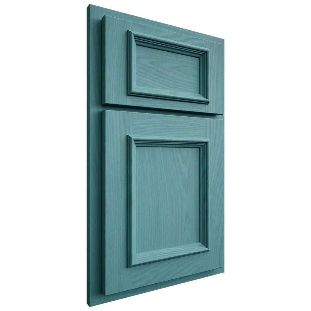 Shiloh Cabinetry Partial Overlay Charleston Red Oak Plain Cut Aqua Door