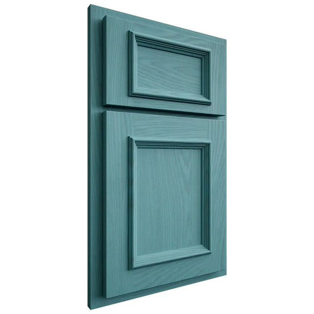 Shiloh Cabinetry Partial Overlay Charleston Red Oak Plain Cut Aqua Door