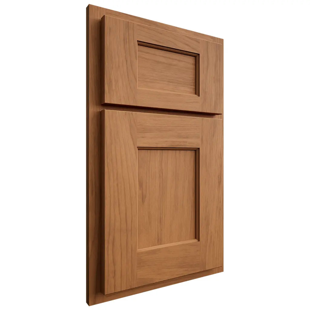 Shiloh Cabinetry Partial Overlay Heritage Alder Plain Cut Caramel Door