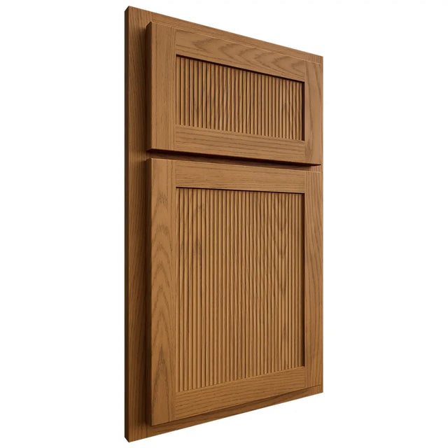 Shiloh Cabinetry Partial Overlay Reeded Malibu Red Oak Plain Cut Autumn Door