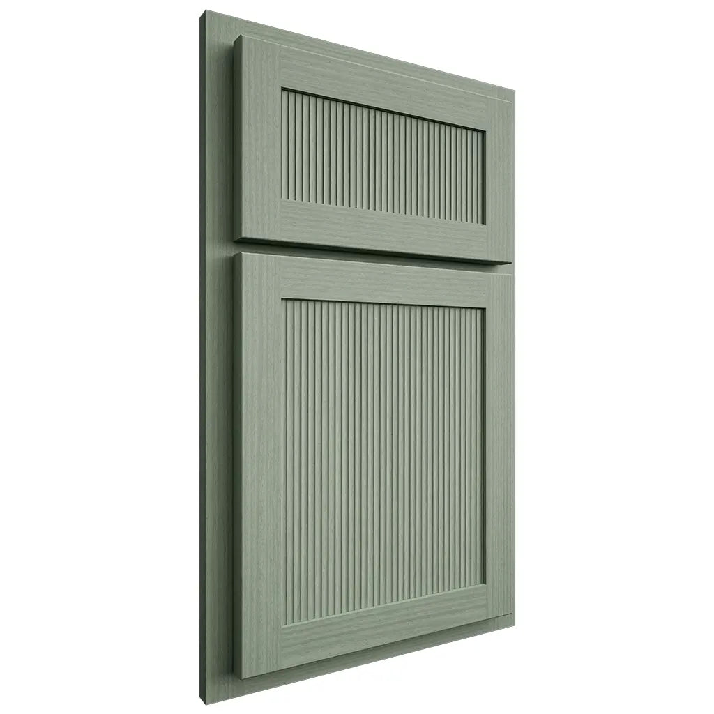 Shiloh Cabinetry Partial Overlay Reeded Malibu White Oak Rift Cut Moss Door