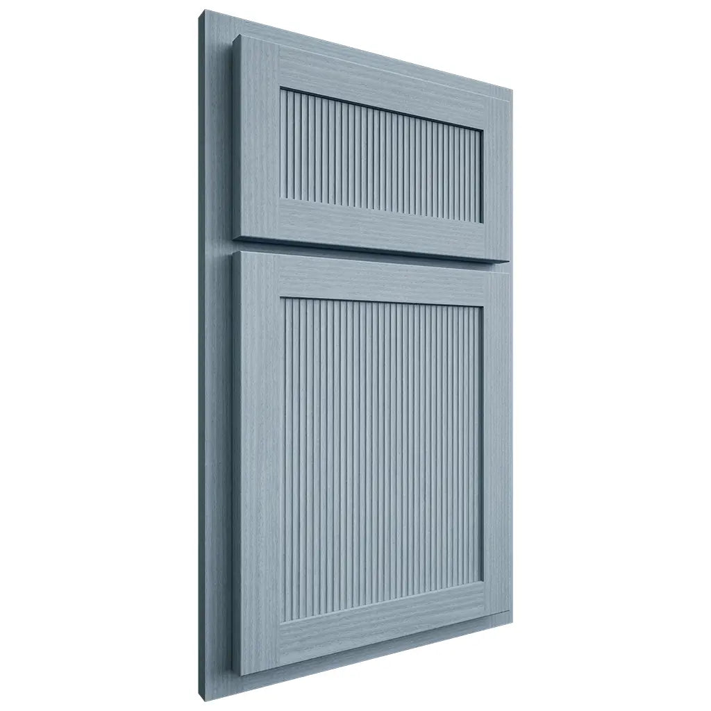 Shiloh Cabinetry Partial Overlay Reeded Malibu White Oak Rift Cut Sky Door