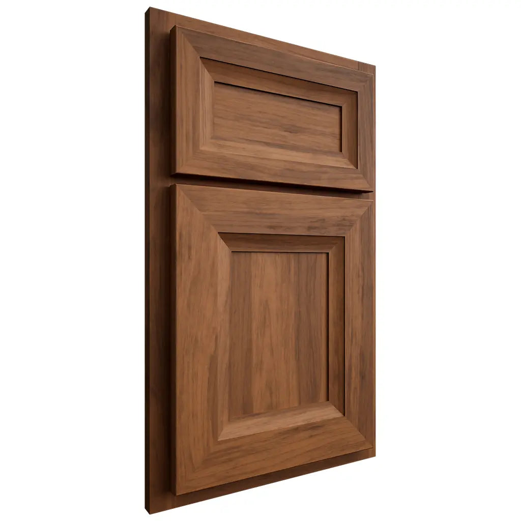 Shiloh Cabinetry Partial Overlay Windsor Hickory Plain Cut Burnt Sugar Door