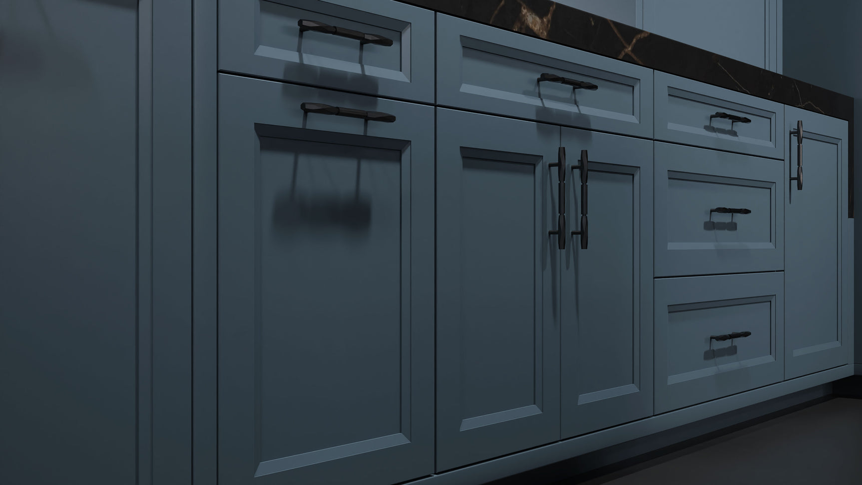 Bellrose Blue Slate ( Maple | Plain Cut [ Frameless • Satin • Painted ] - 10' X 10' Kitchen Cabinet ) | Assembled In USA