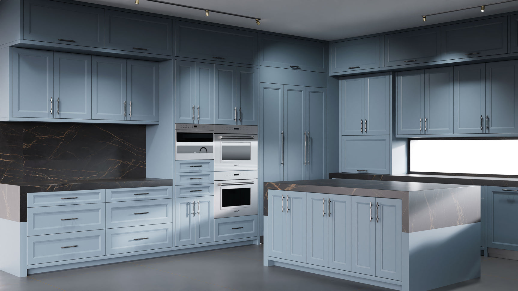 Bellrose Blue Slate ( Maple | Plain Cut [ Frameless • Satin • Painted ] - 10' X 10' Kitchen Cabinet ) | Assembled In USA