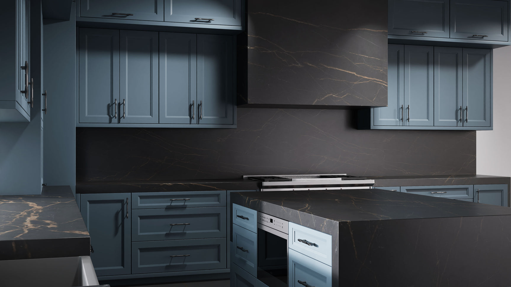 Bellrose Blue Slate ( Maple | Plain Cut [ Frameless • Satin • Painted ] - 10' X 10' Kitchen Cabinet ) | Assembled In USA