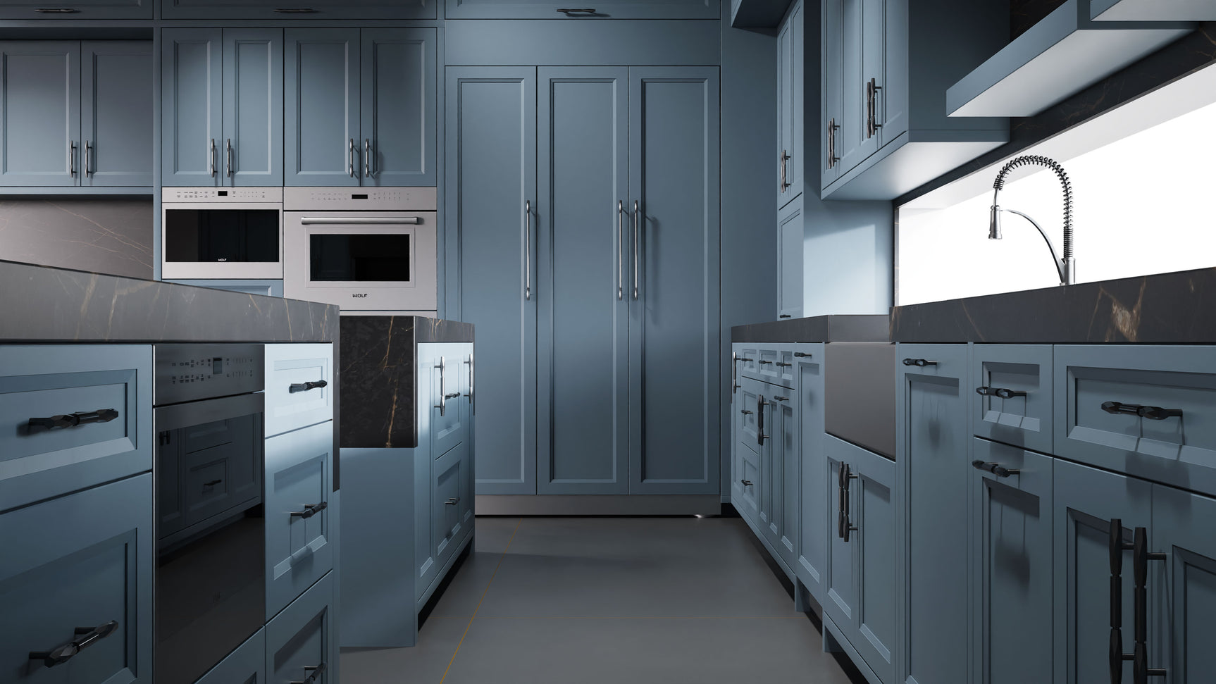 Bellrose Blue Slate ( Maple | Plain Cut [ Frameless • Satin • Painted ] - 10' X 10' Kitchen Cabinet ) | Assembled In USA