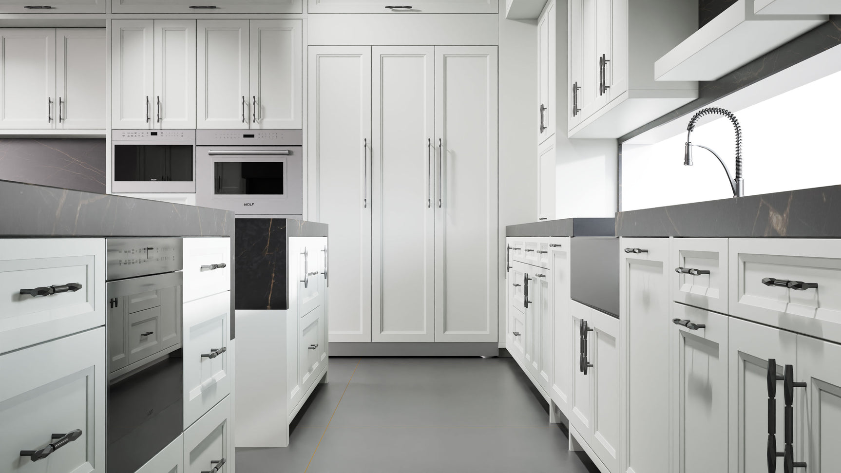 Bellrose Dove Gray ( Maple | Plain Cut [ Frameless • Satin • Painted ] - 10' X 10' Kitchen Cabinet ) | Assembled In USA