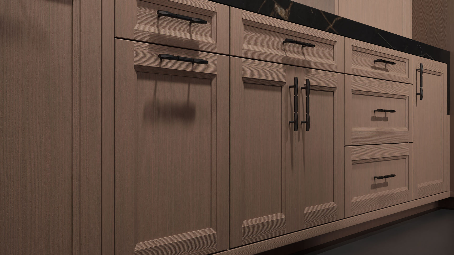 Bellrose Dusk Gray Oak ( White_Oak | Rift Cut [ Frameless • Wire Brushed • Stained ] - 10' X 10' Kitchen Cabinet ) | Assembled In USA