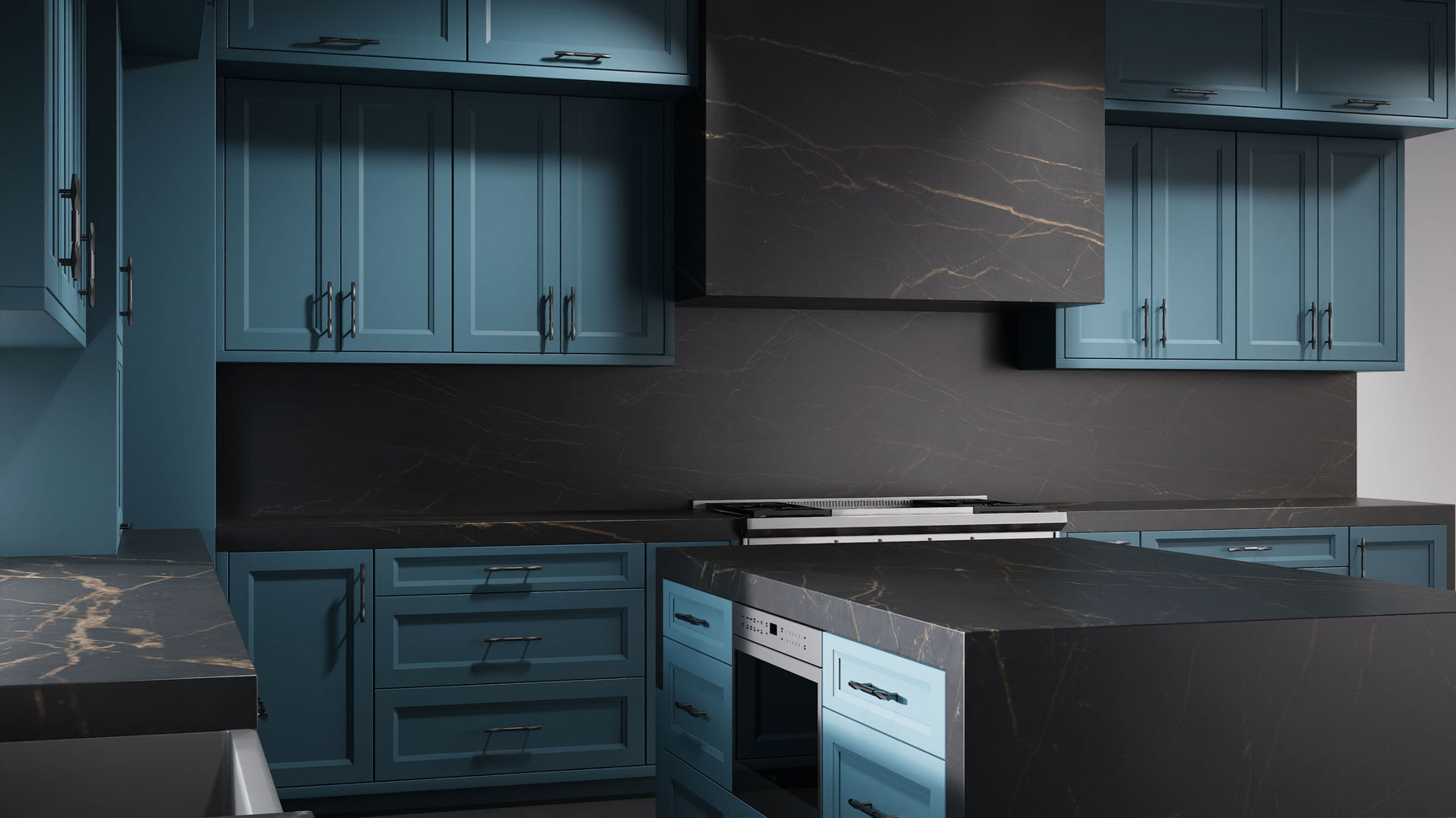 Bellrose Oceana Blue ( Maple | Plain Cut [ Frameless • Satin • Painted ] - 10' X 10' Kitchen Cabinet ) | Assembled In USA