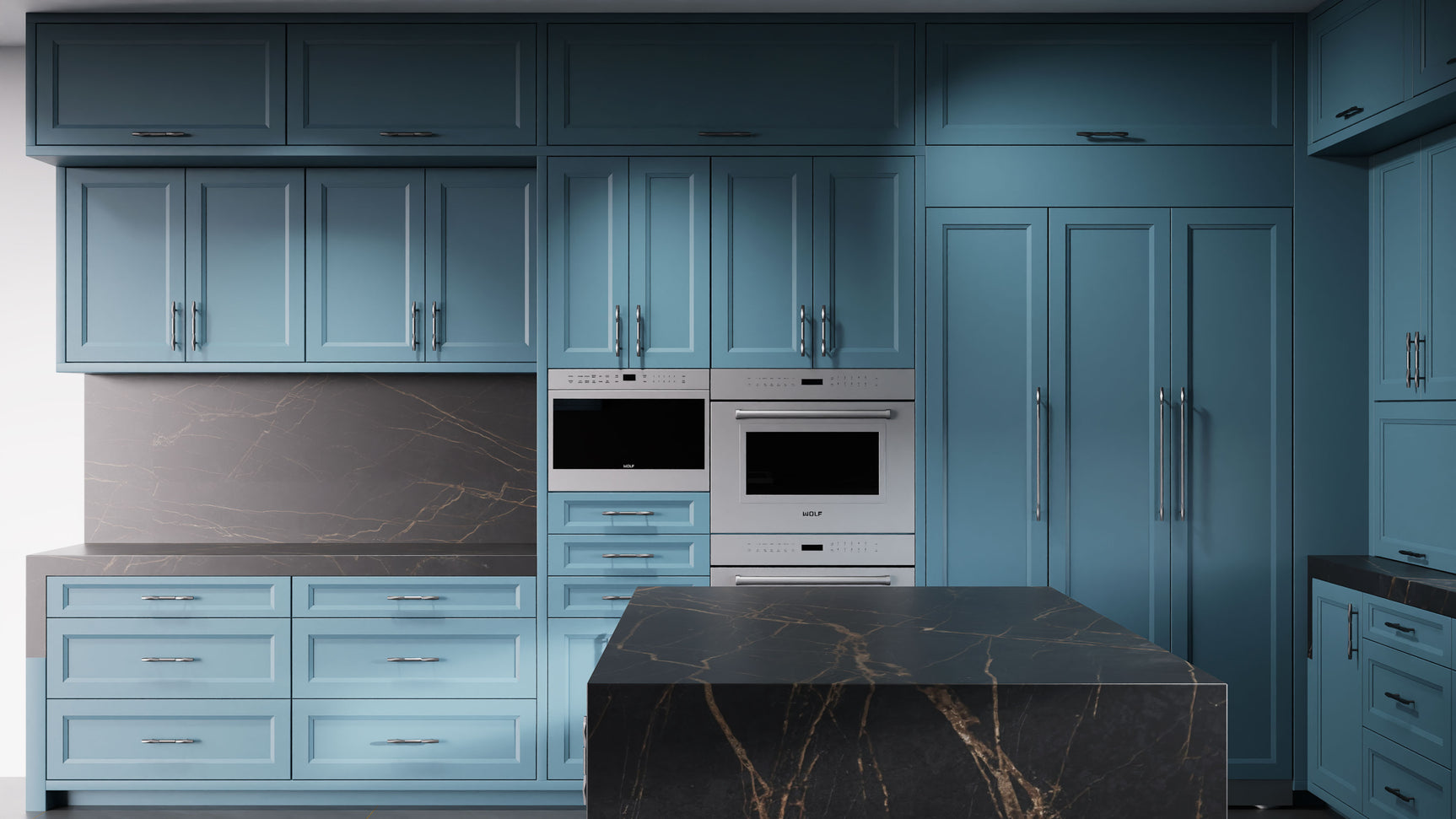 Bellrose Oceana Blue ( Maple | Plain Cut [ Frameless • Satin • Painted ] - 10' X 10' Kitchen Cabinet ) | Assembled In USA