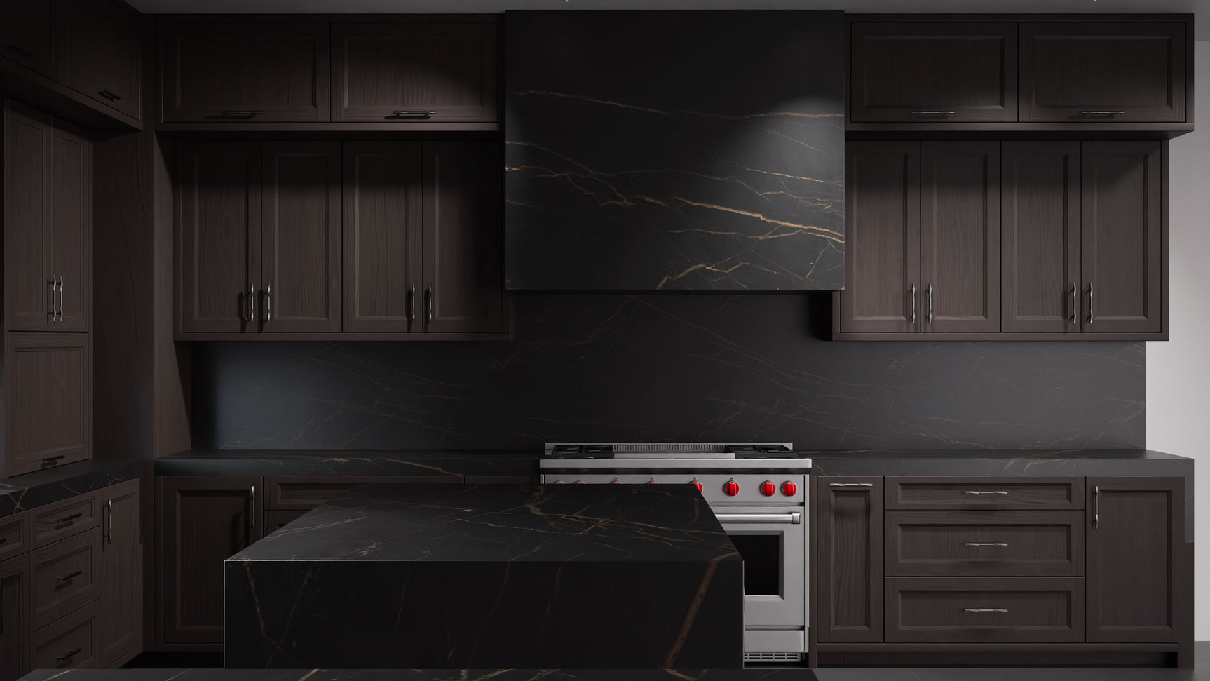 Bellrose Onyx Cherry ( Cherry | Plain Cut [ Frameless • Satin • Stained ] - 10' X 10' Kitchen Cabinet ) | Assembled In USA