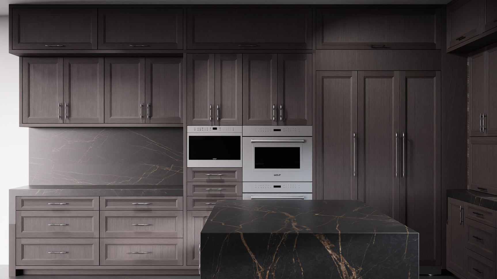 Bellrose Onyx Oak ( White_Oak | Rift Cut [ Frameless • Wire Brushed • Stained ] - 10' X 10' Kitchen Cabinet ) | Assembled In USA