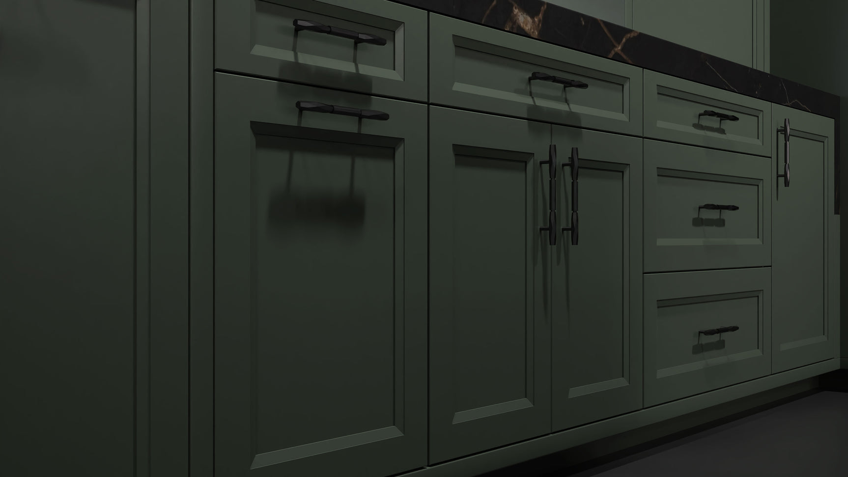 Bellrose Pewter Green ( Maple | Plain Cut [ Frameless • Satin • Painted ] - 10' X 10' Kitchen Cabinet ) | Assembled In USA