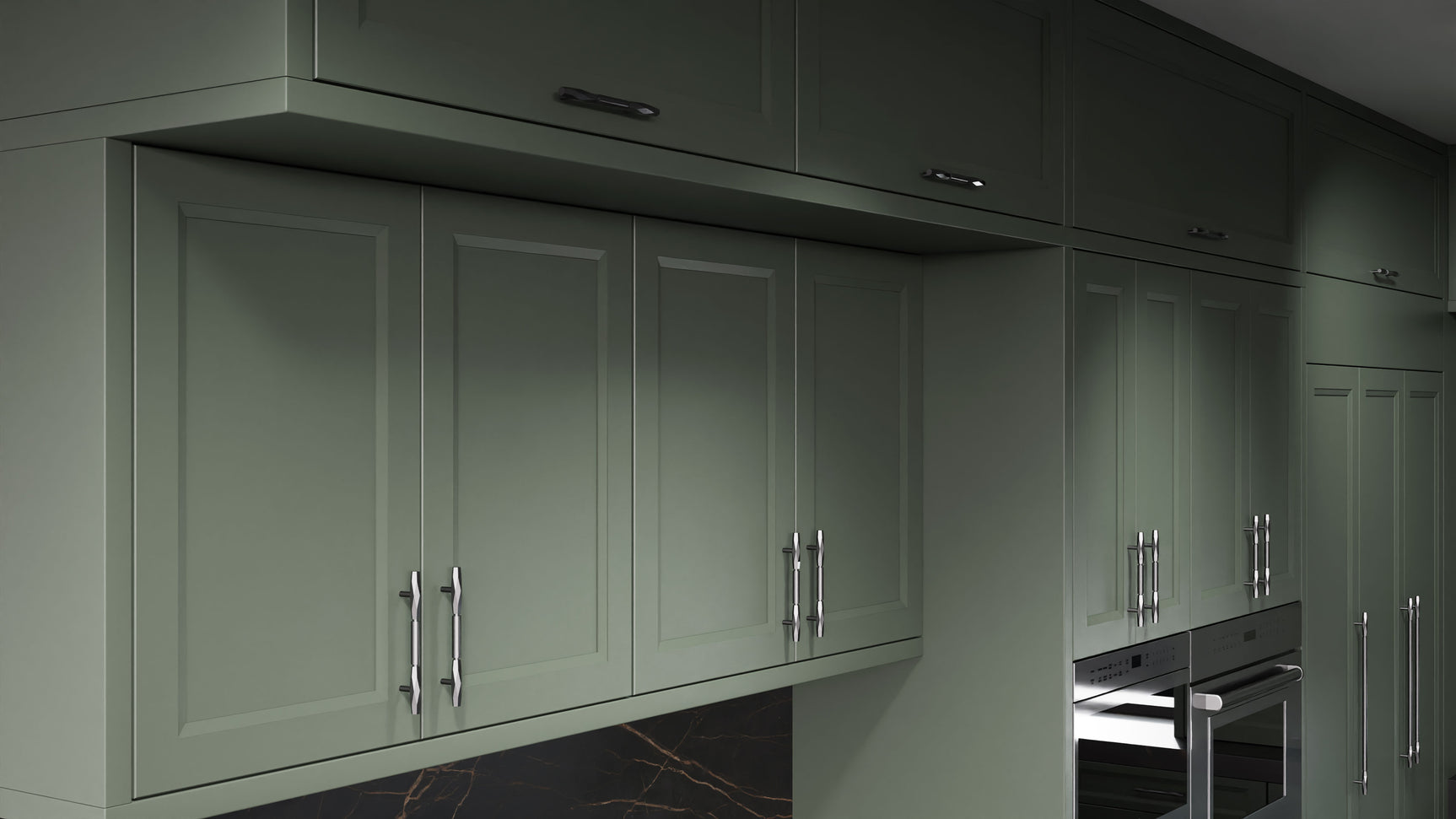 Bellrose Pewter Green ( Maple | Plain Cut [ Frameless • Satin • Painted ] - 10' X 10' Kitchen Cabinet ) | Assembled In USA