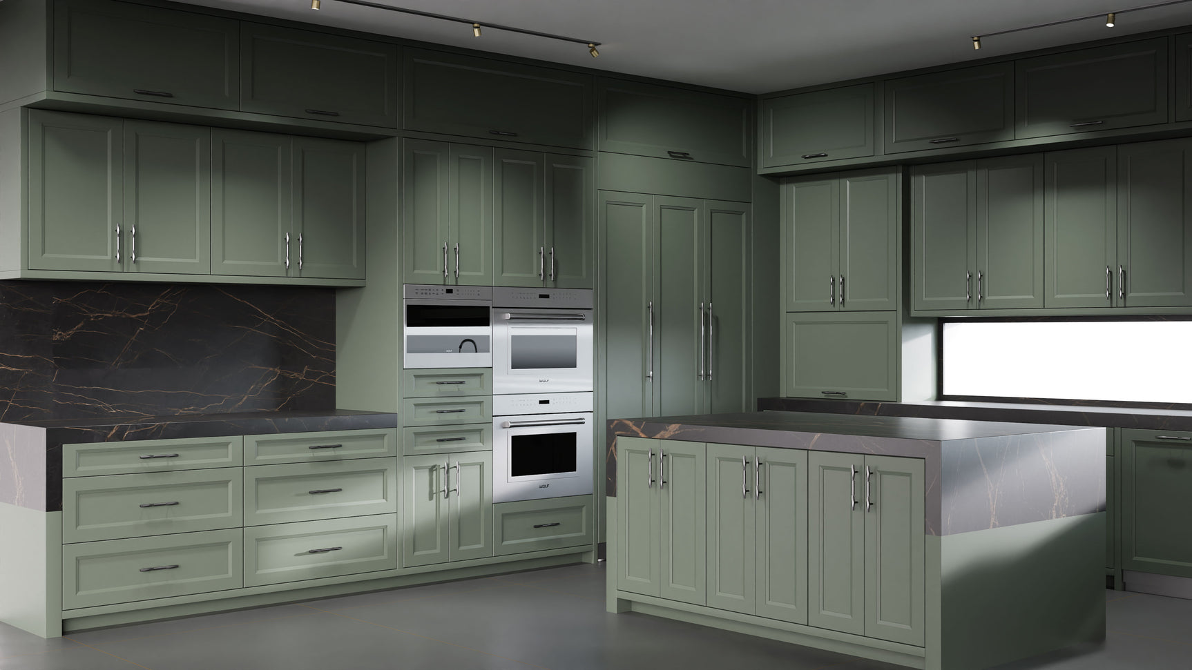 Bellrose Pewter Green ( Maple | Plain Cut [ Frameless • Satin • Painted ] - 10' X 10' Kitchen Cabinet ) | Assembled In USA