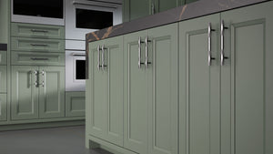 Bellrose Pewter Green ( Maple | Plain Cut [ Frameless • Satin • Painted ] - 10' X 10' Kitchen Cabinet ) | Assembled In USA