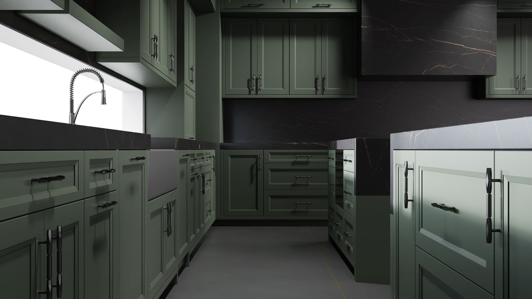 Bellrose Pewter Green ( Maple | Plain Cut [ Frameless • Satin • Painted ] - 10' X 10' Kitchen Cabinet ) | Assembled In USA