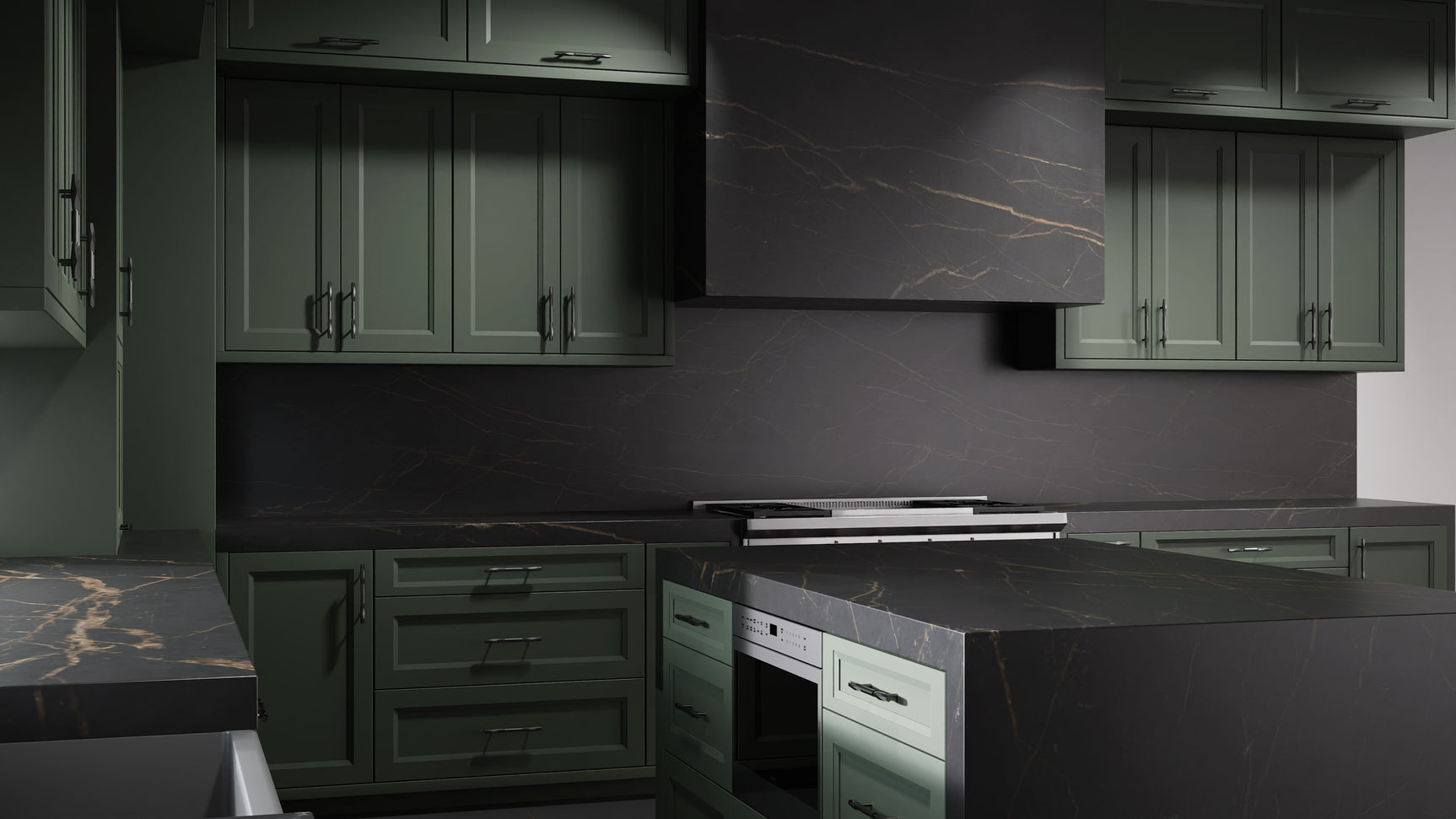 Bellrose Pewter Green ( Maple | Plain Cut [ Frameless • Satin • Painted ] - 10' X 10' Kitchen Cabinet ) | Assembled In USA