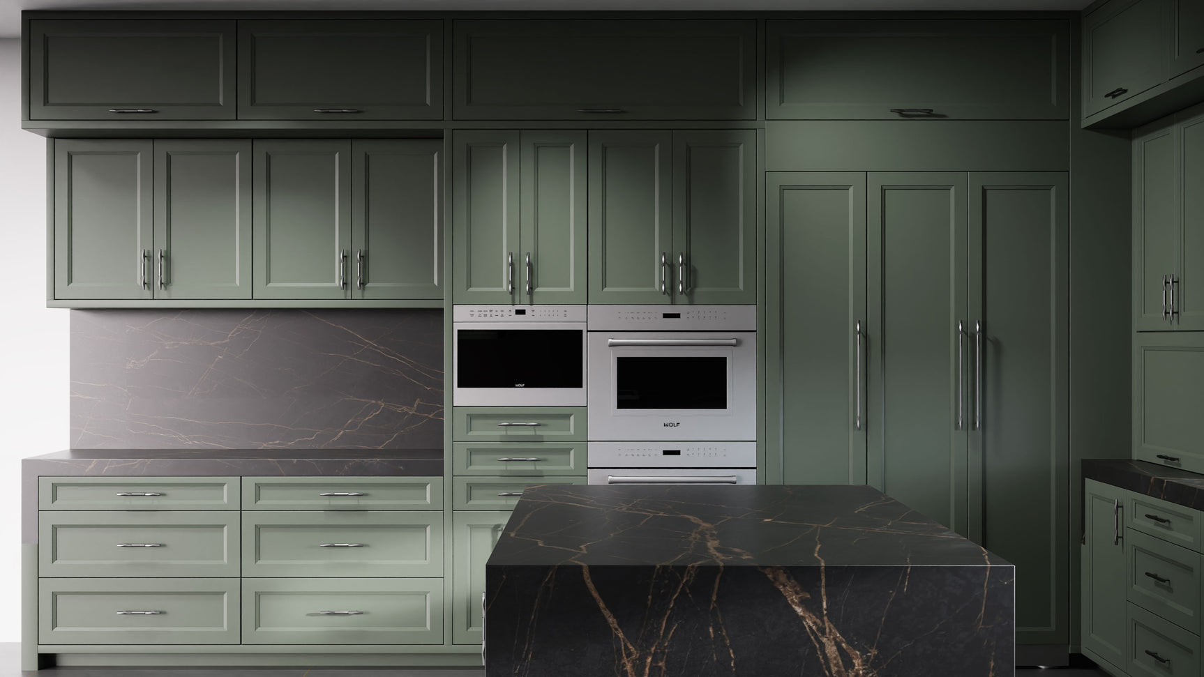 Bellrose Pewter Green ( Maple | Plain Cut [ Frameless • Satin • Painted ] - 10' X 10' Kitchen Cabinet ) | Assembled In USA