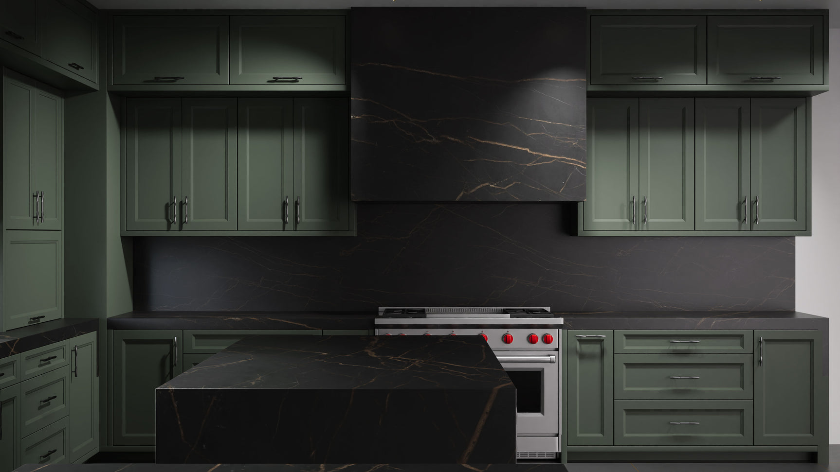 Bellrose Pewter Green ( Maple | Plain Cut [ Frameless • Satin • Painted ] - 10' X 10' Kitchen Cabinet ) | Assembled In USA