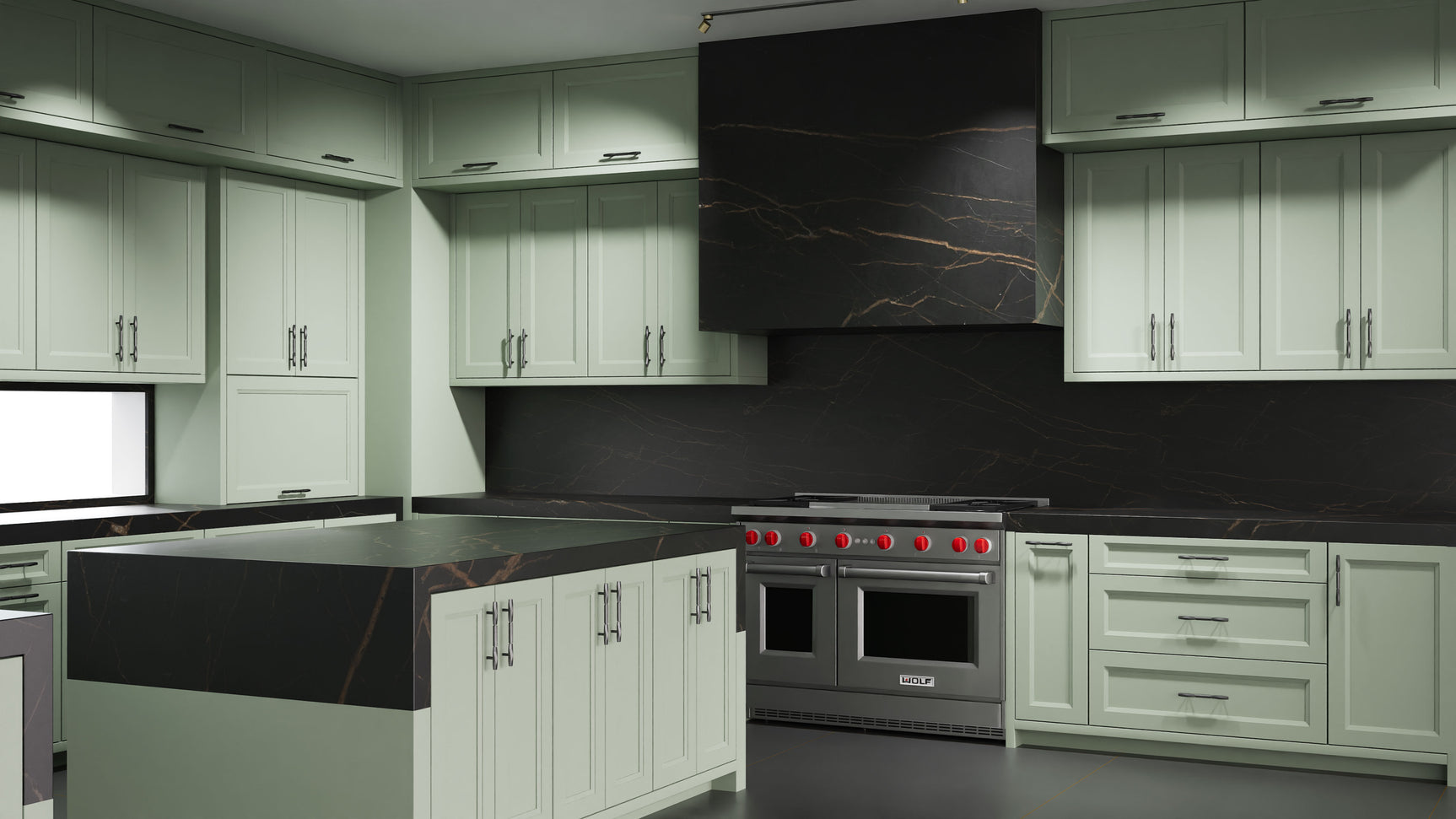 Bellrose Sage Green ( Maple | Plain Cut [ Frameless • Satin • Painted ] - 10' X 10' Kitchen Cabinet ) | Assembled In USA