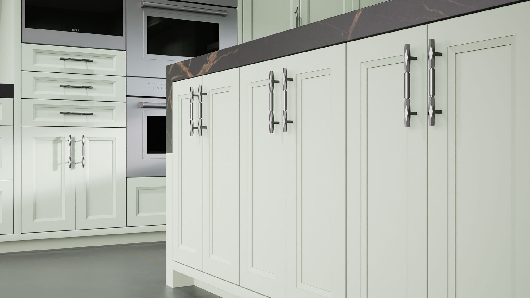 Bellrose Sage Green ( Maple | Plain Cut [ Frameless • Satin • Painted ] - 10' X 10' Kitchen Cabinet ) | Assembled In USA