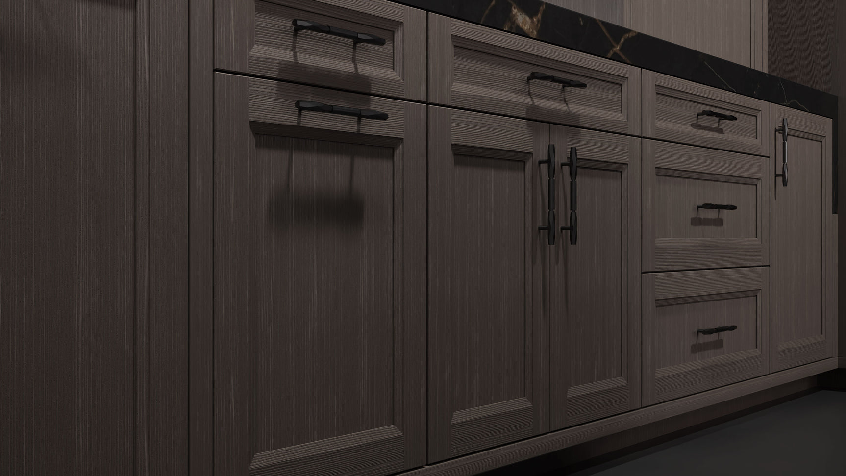 Bellrose Urban Oak ( White_Oak | Rift Cut [ Frameless • Wire Brushed • Stained ] - 10' X 10' Kitchen Cabinet ) | Assembled In USA