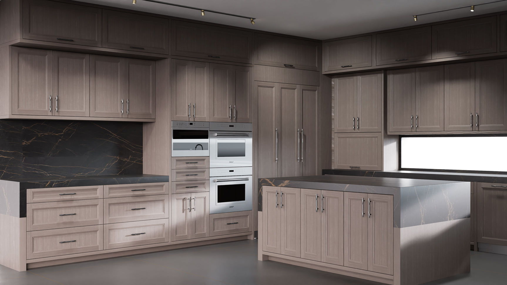 Bellrose Urban Oak ( White_Oak | Rift Cut [ Frameless • Wire Brushed • Stained ] - 10' X 10' Kitchen Cabinet ) | Assembled In USA