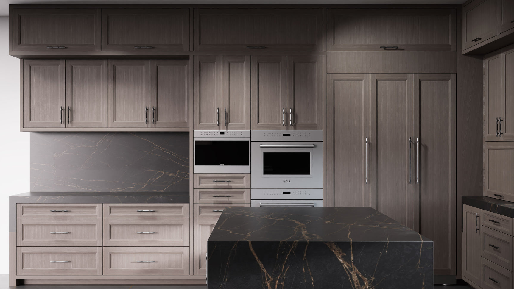 Bellrose Urban Oak ( White_Oak | Rift Cut [ Frameless • Wire Brushed • Stained ] - 10' X 10' Kitchen Cabinet ) | Assembled In USA
