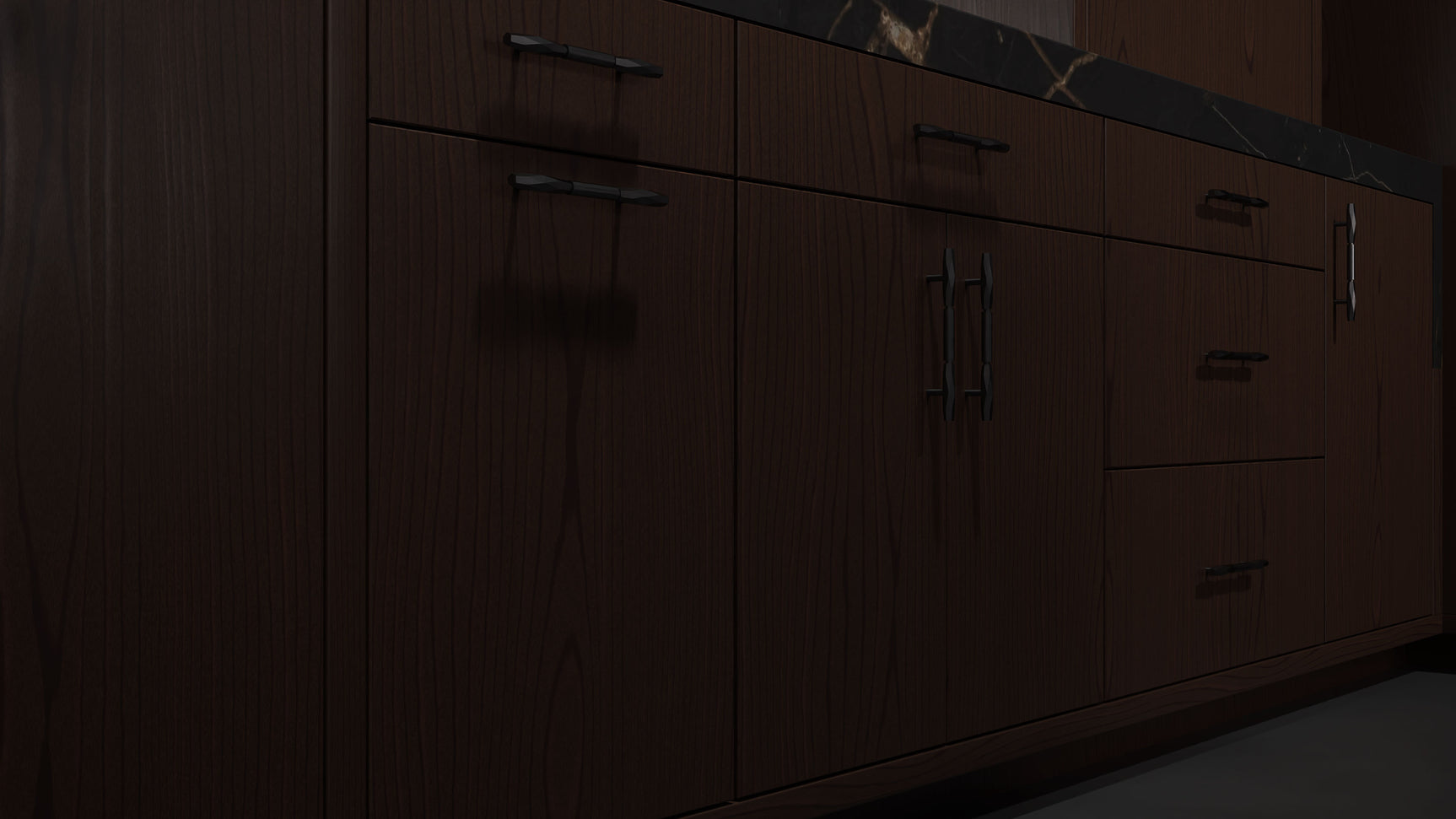 Clayton Cherry Black Walnut ( Cherry | Plain Cut [ Frameless • Satin • Stained ] - 10' X 10' Kitchen Cabinet ) | Assembled In USA