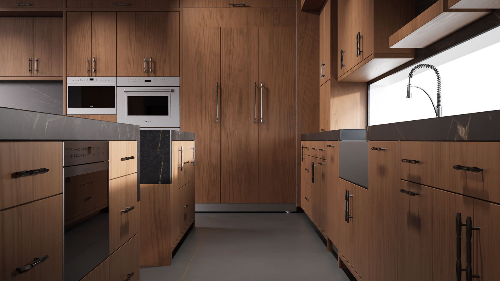 Clayton Natural Walnut ( Walnut | Plain Cut [ Frameless • Satin • Stained ] - 10' X 10' Kitchen Cabinet ) | Assembled In USA