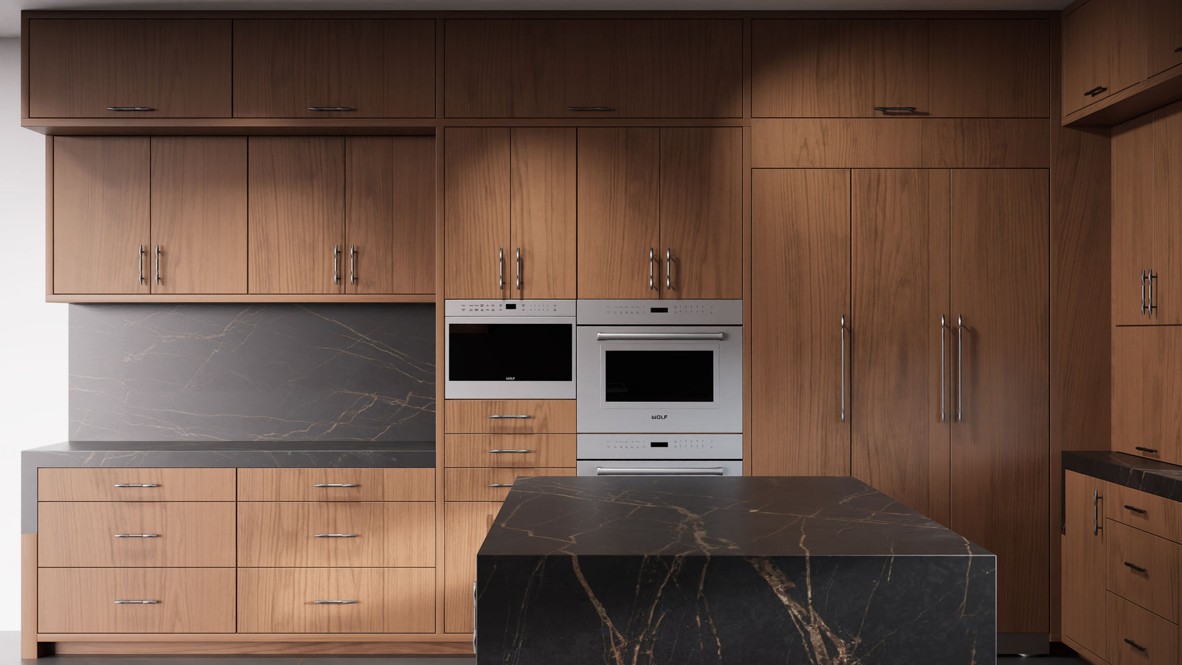 Clayton Natural Walnut ( Walnut | Plain Cut [ Frameless • Satin • Stained ] - 10' X 10' Kitchen Cabinet ) | Assembled In USA