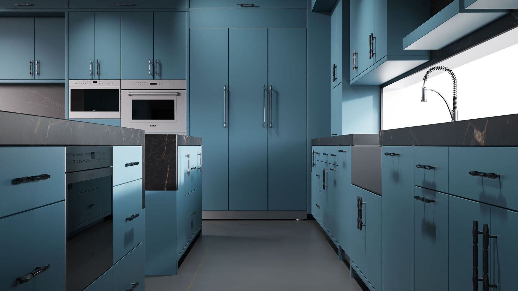 Clayton Oceana Blue ( Maple | Plain Cut [ Frameless • Satin • Painted ] - 10' X 10' Kitchen Cabinet ) | Assembled In USA