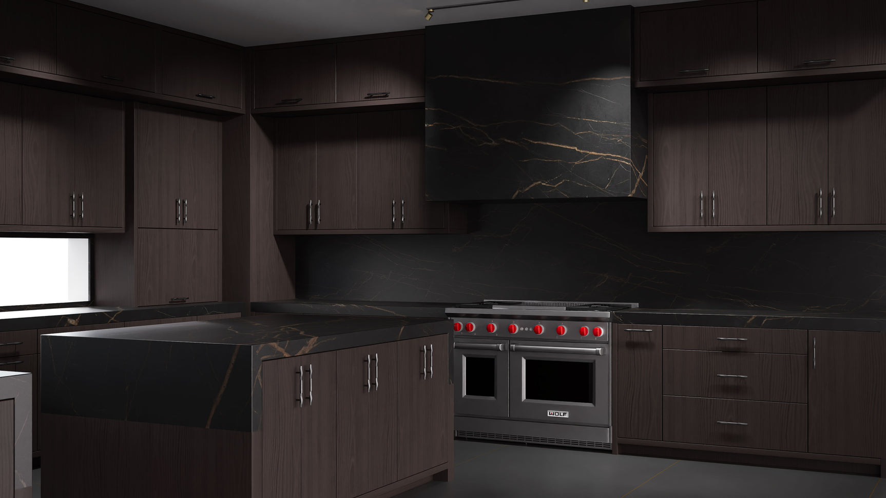 Clayton Onyx Cherry ( Cherry | Plain Cut [ Frameless • Satin • Stained ] - 10' X 10' Kitchen Cabinet ) | Assembled In USA