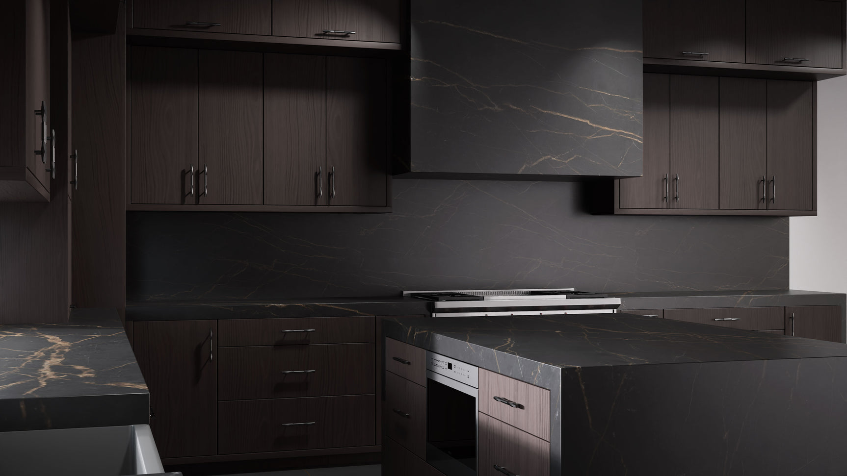 Clayton Onyx Cherry ( Cherry | Plain Cut [ Frameless • Satin • Stained ] - 10' X 10' Kitchen Cabinet ) | Assembled In USA