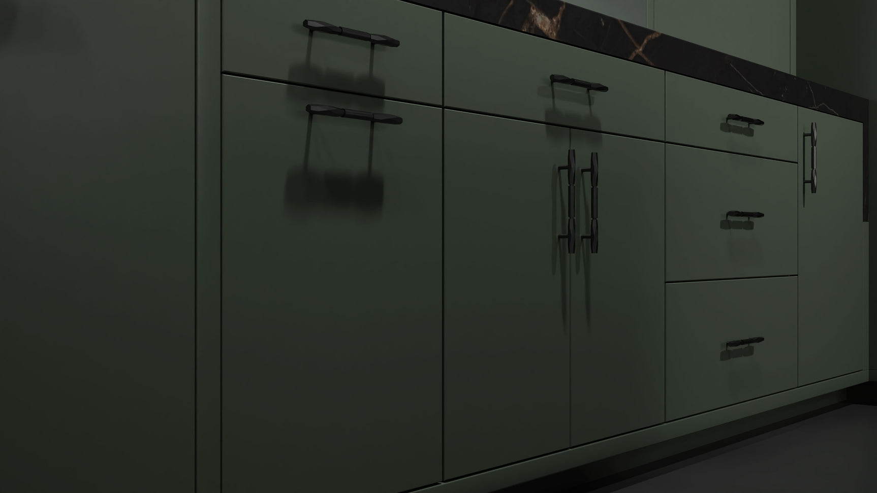 Clayton Pewter Green ( Maple | Plain Cut [ Frameless • Satin • Painted ] - 10' X 10' Kitchen Cabinet ) | Assembled In USA