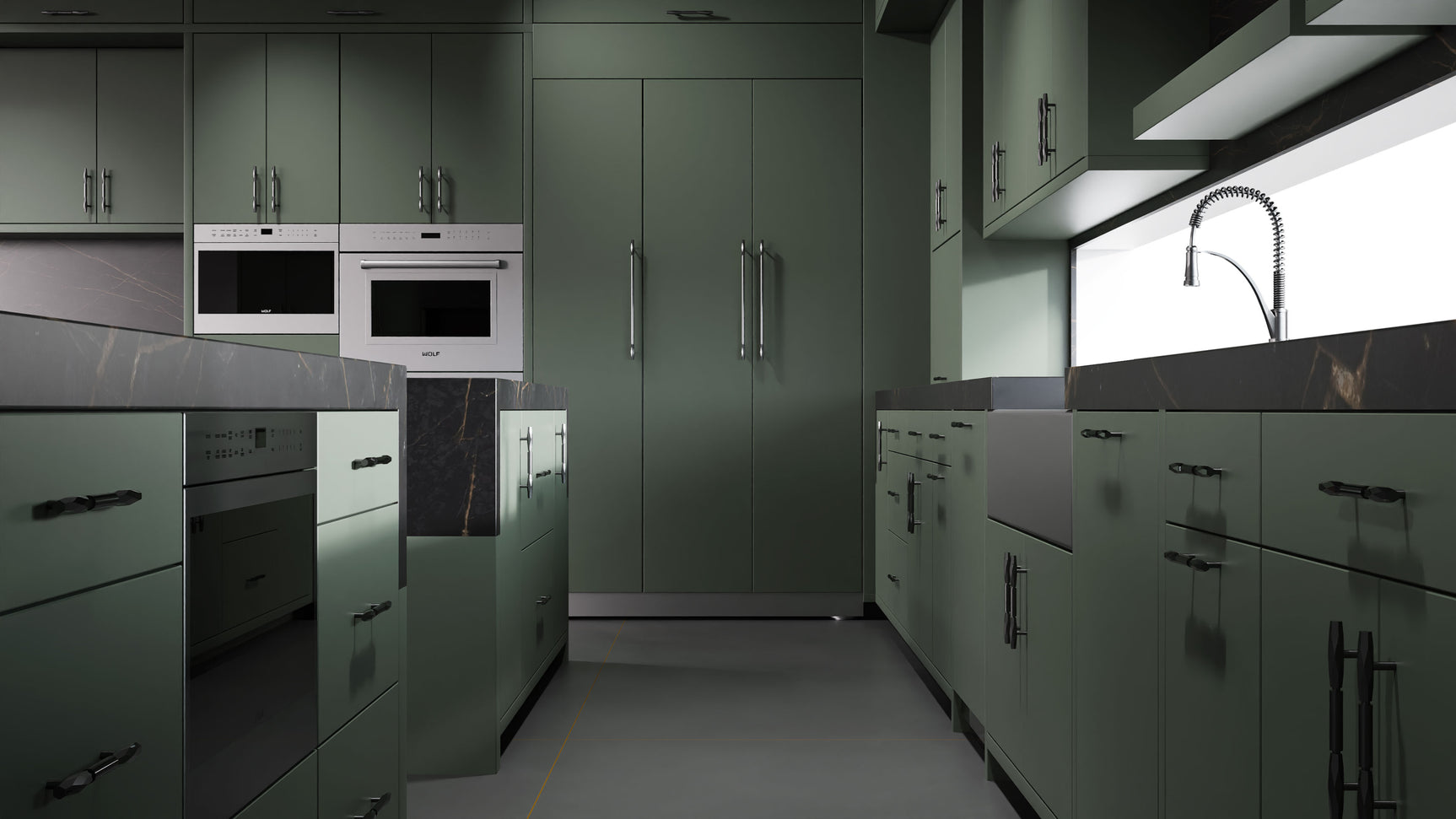 Clayton Pewter Green ( Maple | Plain Cut [ Frameless • Satin • Painted ] - 10' X 10' Kitchen Cabinet ) | Assembled In USA