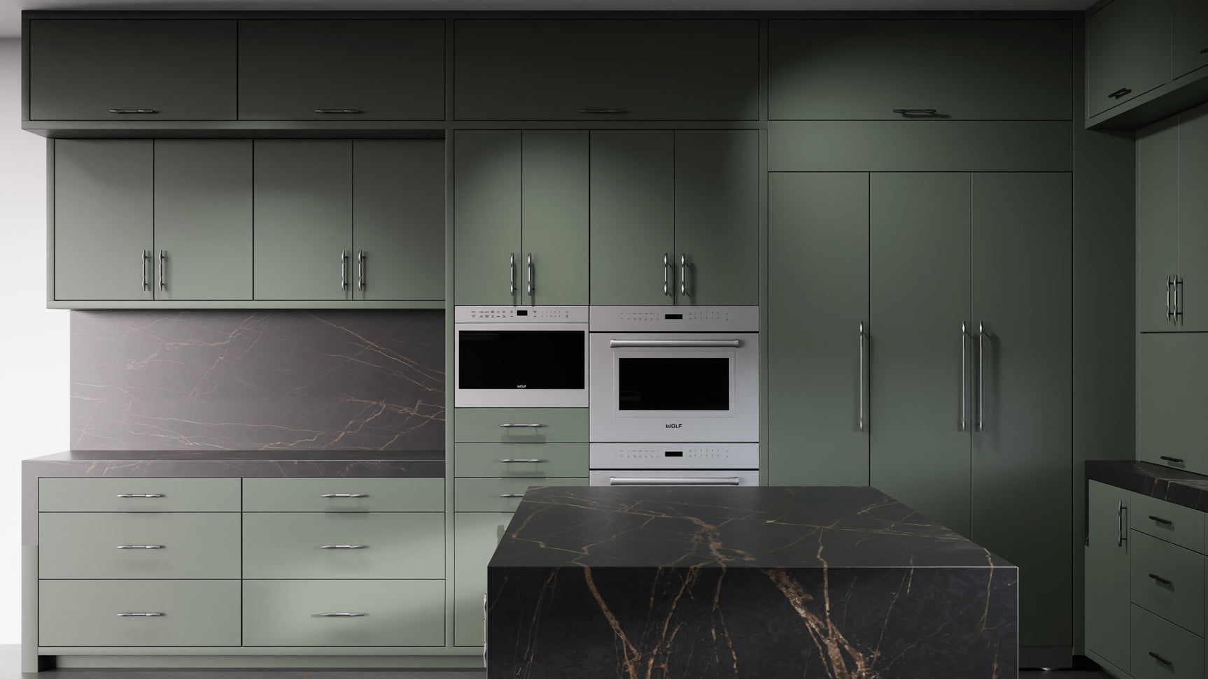 Clayton Pewter Green ( Maple | Plain Cut [ Frameless • Satin • Painted ] - 10' X 10' Kitchen Cabinet ) | Assembled In USA