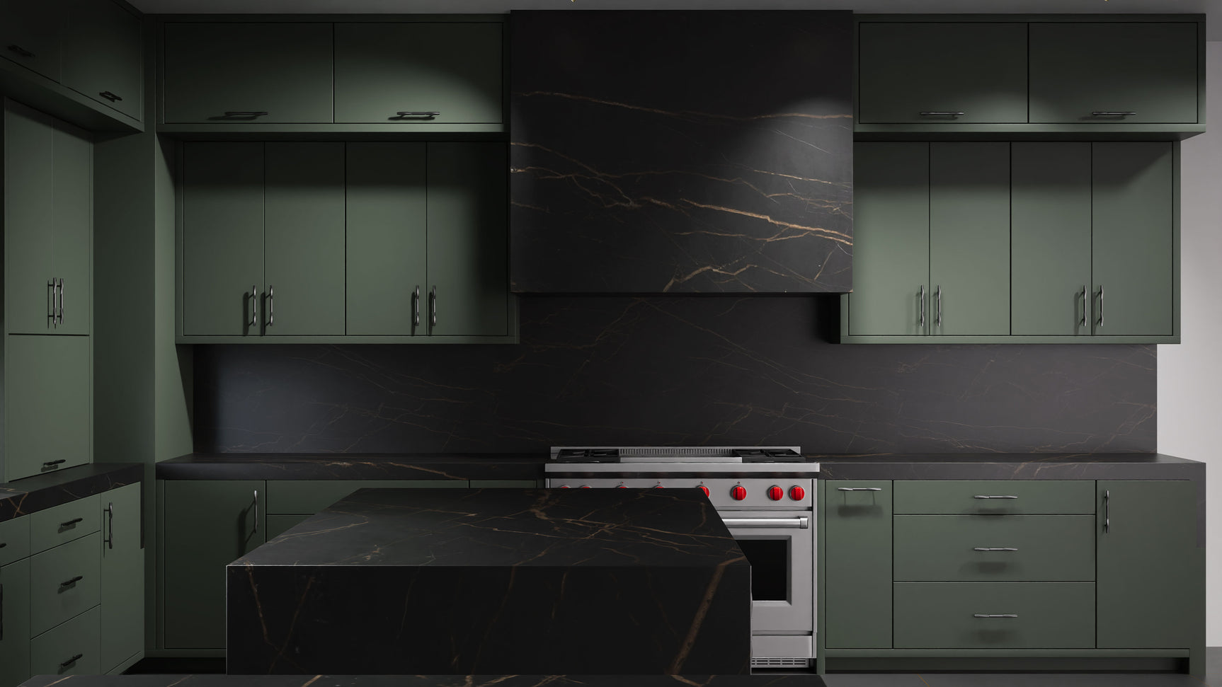 Clayton Pewter Green ( Maple | Plain Cut [ Frameless • Satin • Painted ] - 10' X 10' Kitchen Cabinet ) | Assembled In USA