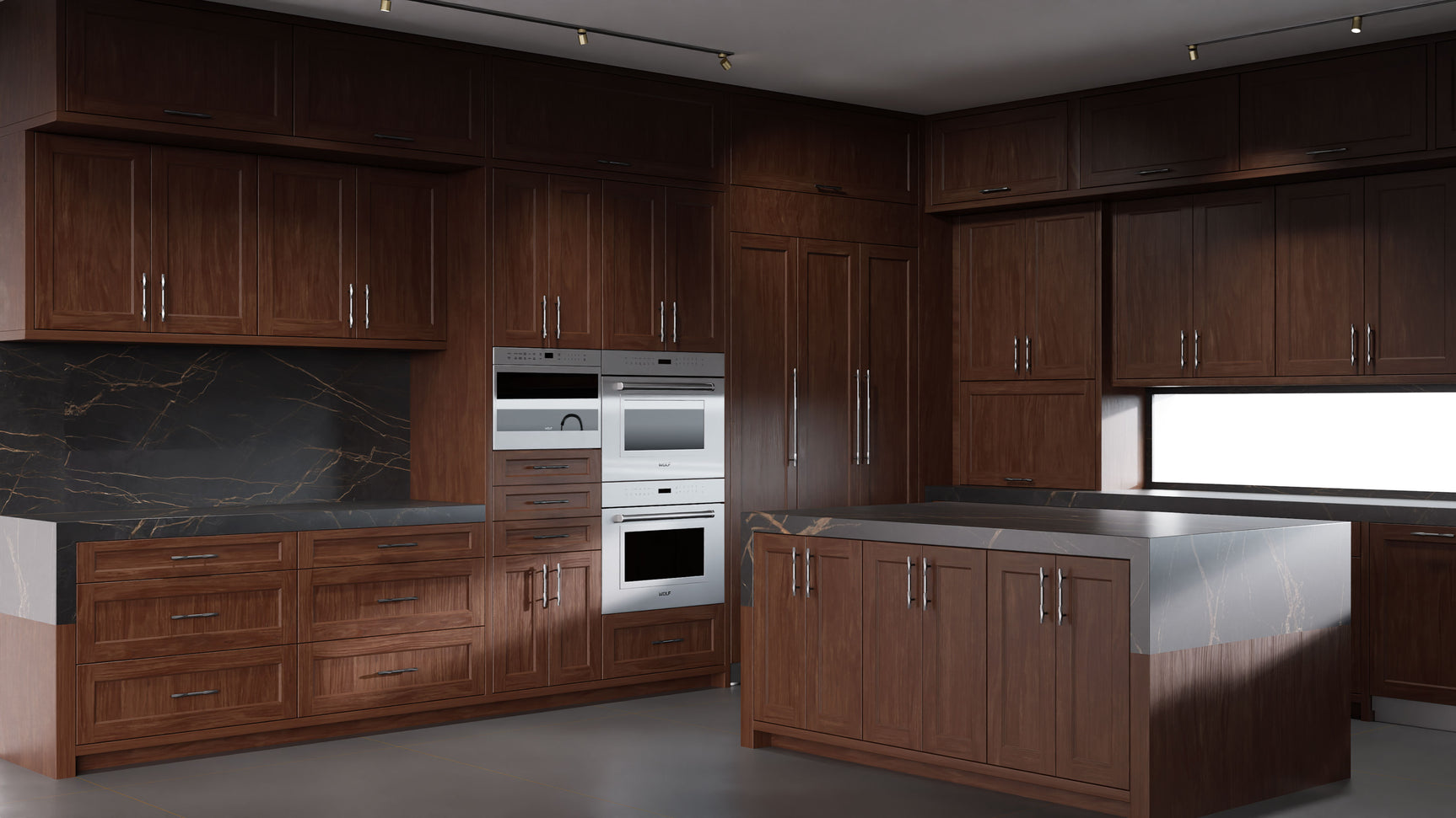 Greenfield Cherry Cognac ( Cherry | Plain Cut [ Frameless • Satin • Stained ] - 10' X 10' Kitchen Cabinet ) | Assembled In USA