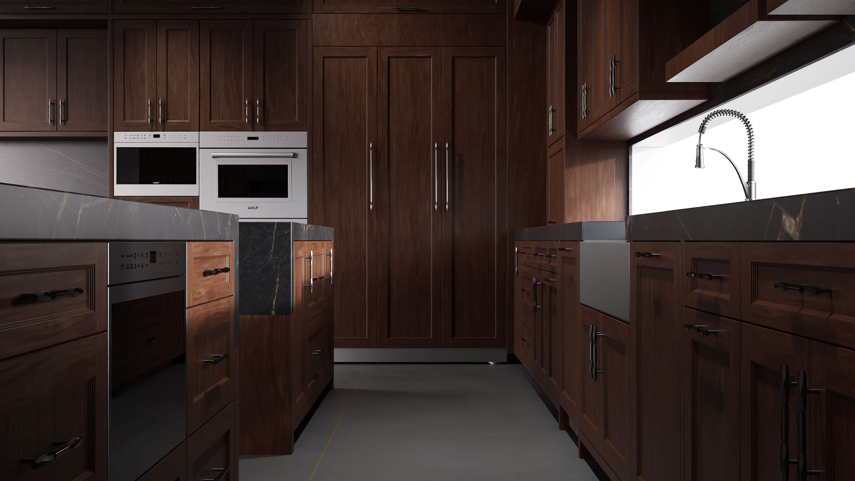 Greenfield Cherry Cognac ( Cherry | Plain Cut [ Frameless • Satin • Stained ] - 10' X 10' Kitchen Cabinet ) | Assembled In USA