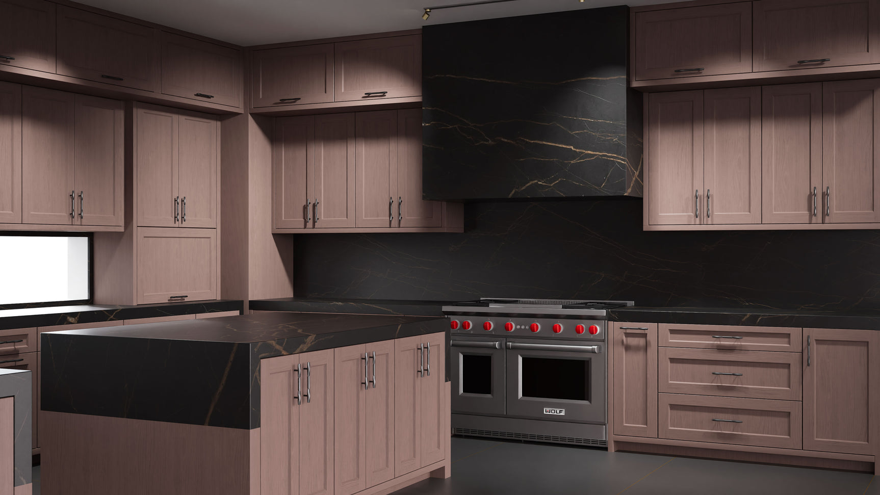 Greenfield Driftwood Cherry ( Cherry | Plain Cut [ Frameless • Satin • Stained ] - 10' X 10' Kitchen Cabinet ) | Assembled In USA