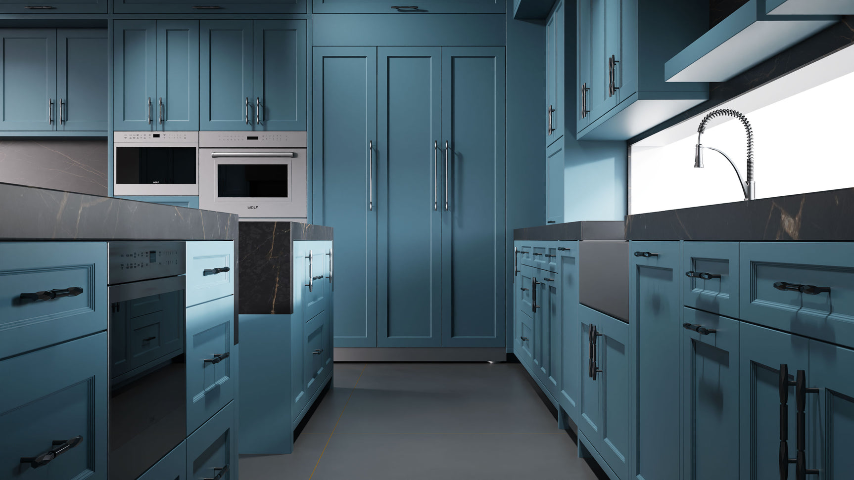 Greenfield Oceana Blue ( Maple | Plain Cut [ Frameless • Satin • Painted ] - 10' X 10' Kitchen Cabinet ) | Assembled In USA